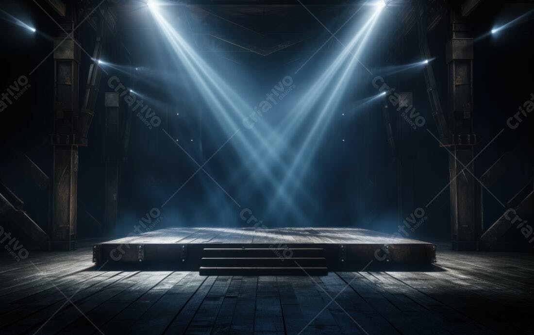 Palco de madeira iluminado em ambiente industrial