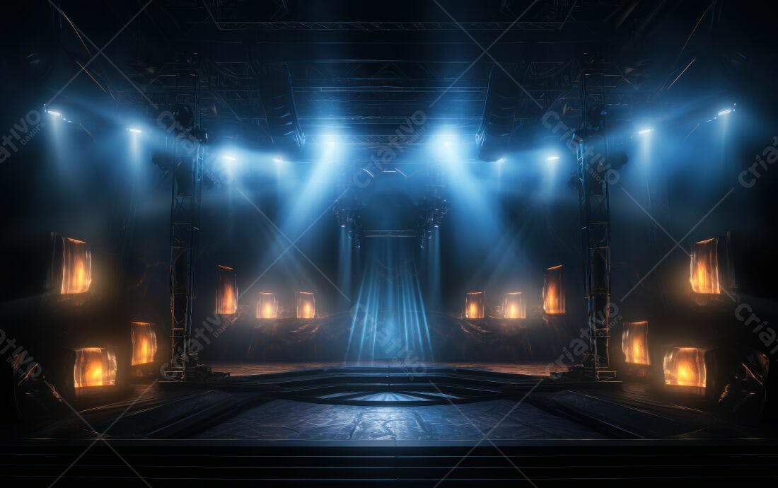 Palco iluminado com luzes azuis e detalhes em laranja
