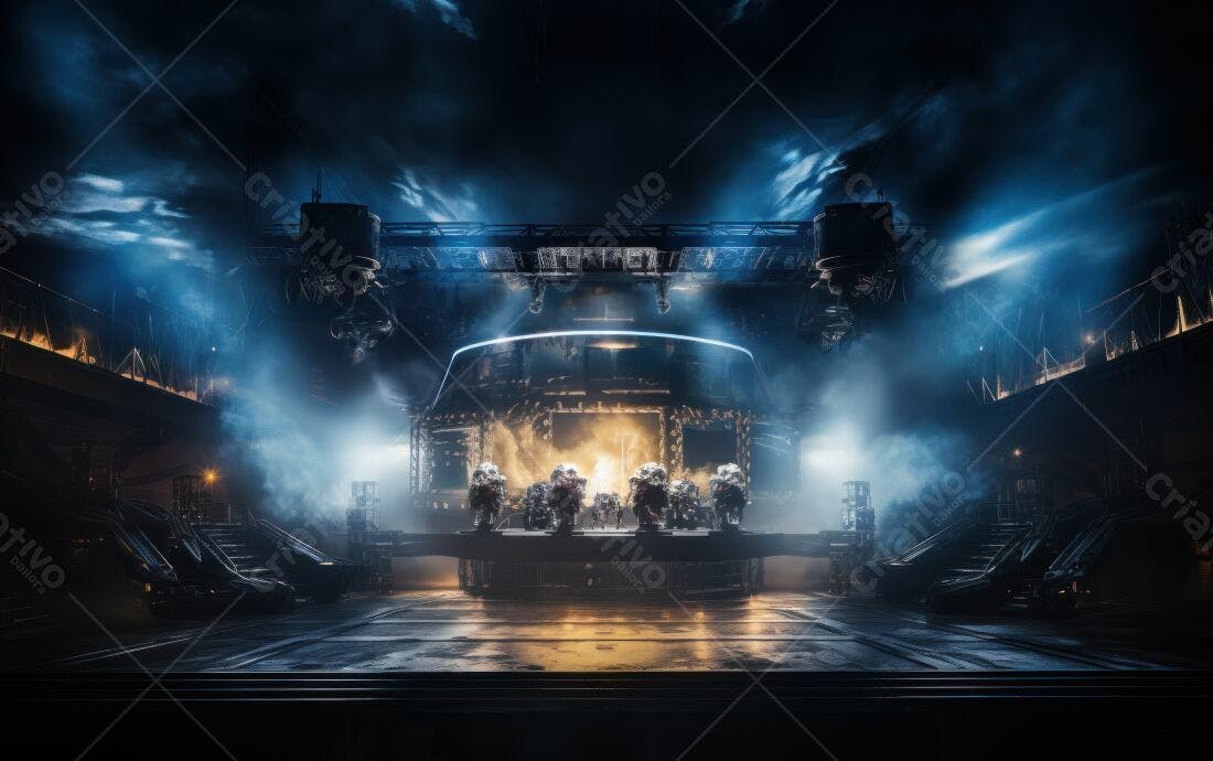 Robôs em palco futurista com iluminação dramática