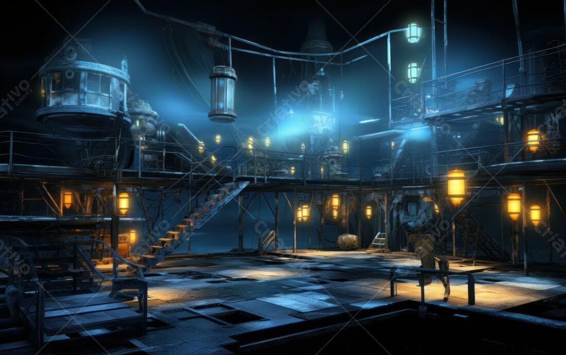 Plataforma steampunk noturna iluminada