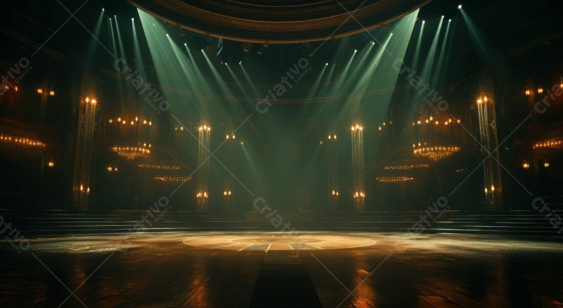 Palco iluminado com lustres dourados