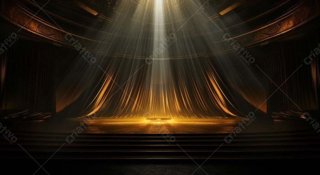 Palco dourado com cortinas e iluminação dramática