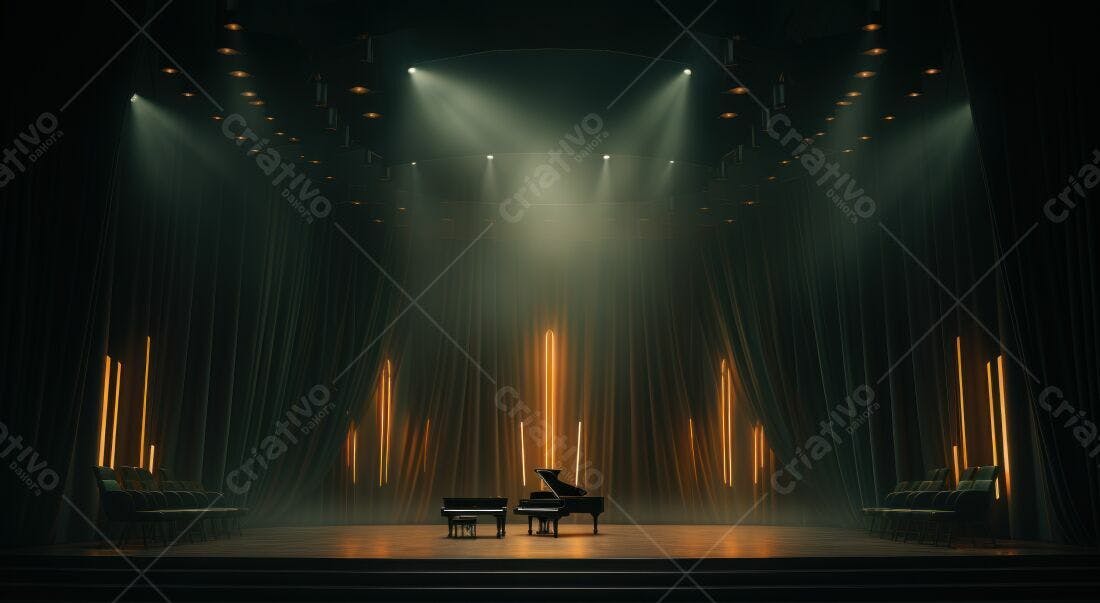 Dois pianos em palco escuro com iluminação dramática