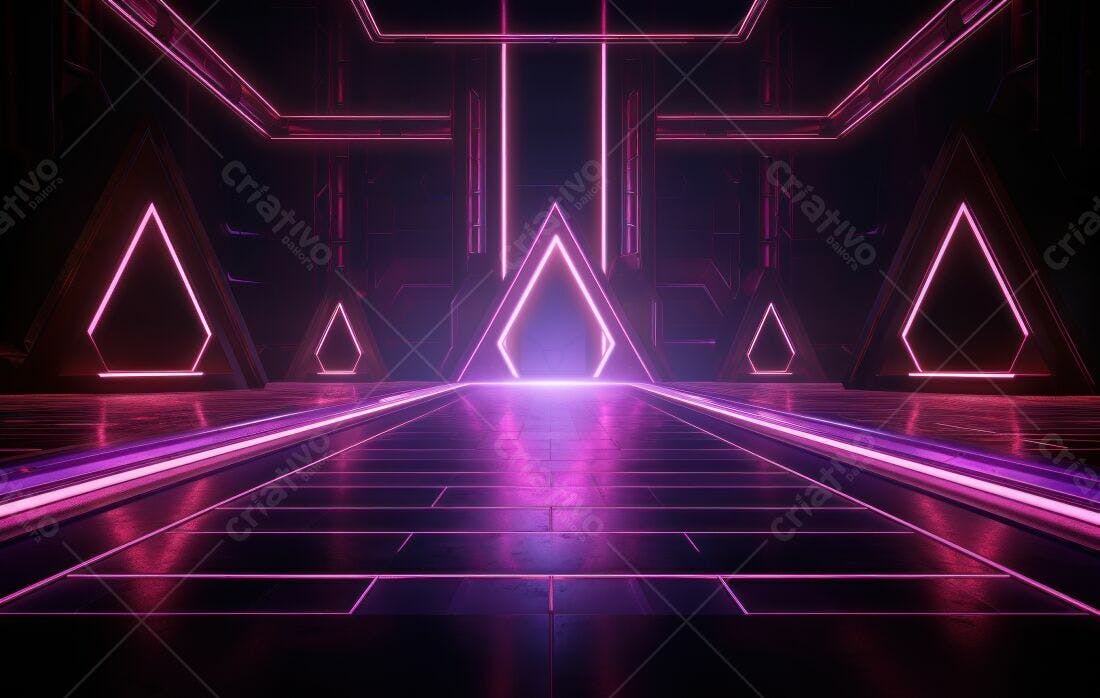 Corredor futurista com luzes neon rosa e roxas