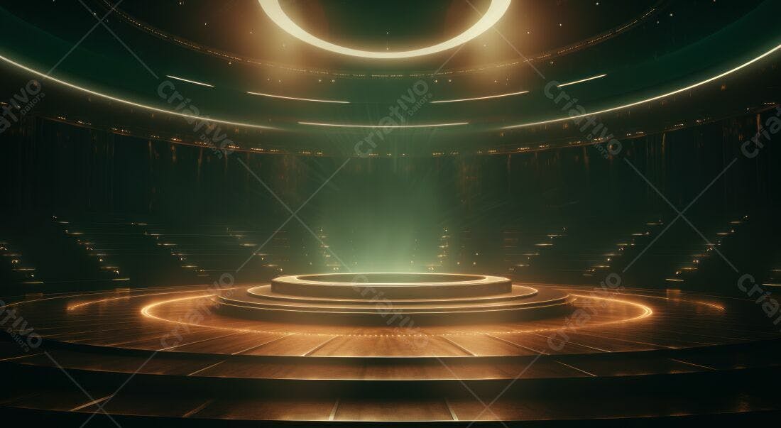 Palco futurista com iluminação dourada e verde