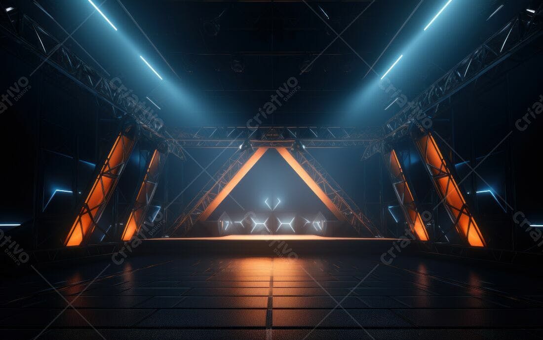 Palco futurista com iluminação azul e laranja
