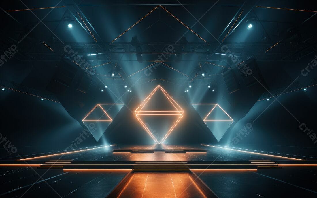 Palco futurista com iluminação neon laranja e azul