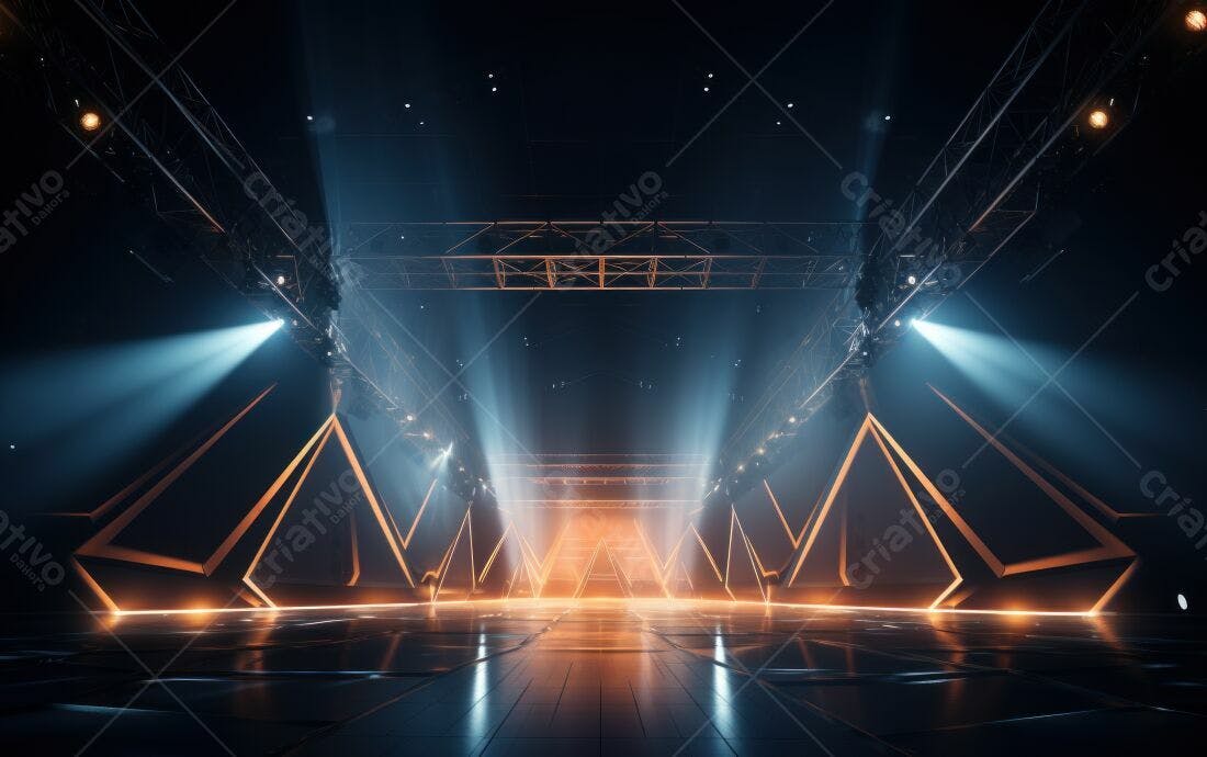 Palco futurista com iluminação azul e laranja