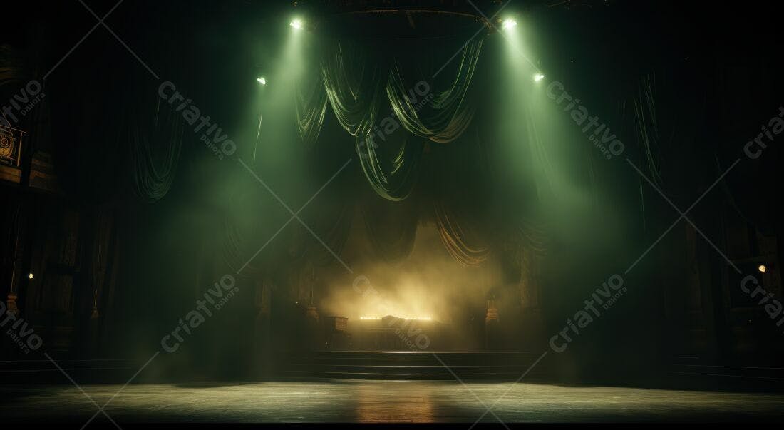 Palco teatral com iluminação verde e amarela
