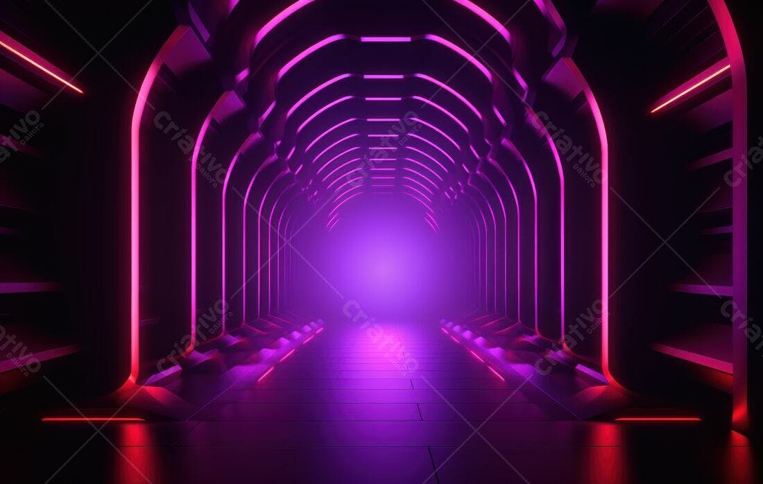 Corredor futurista com iluminação neon rosa e vermelha