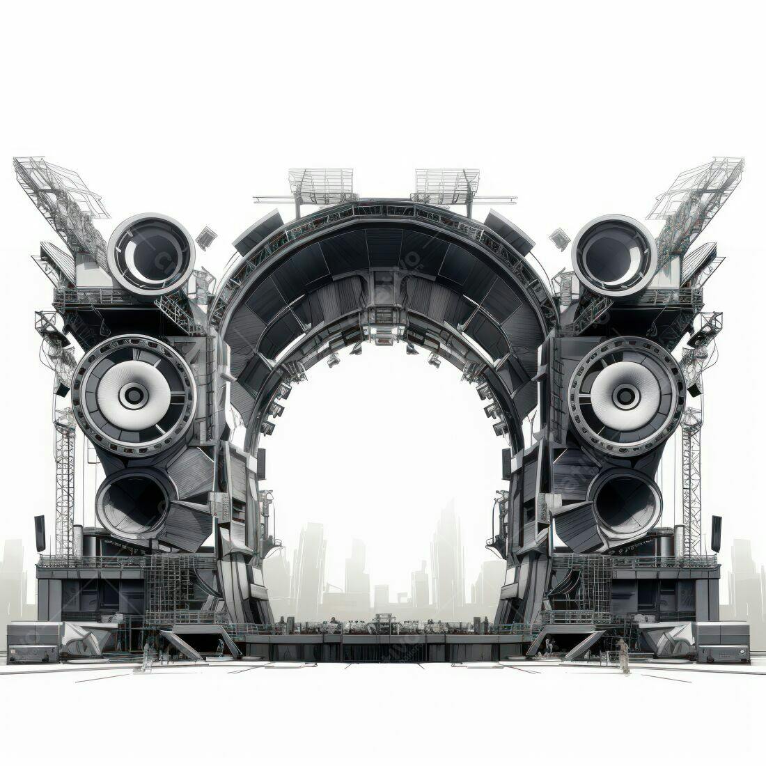 Arco futurista com alto-falantes gigantes