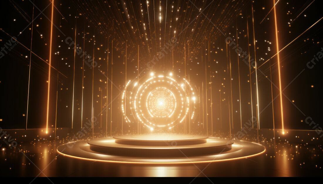 Palco iluminado dourado com luzes e partículas