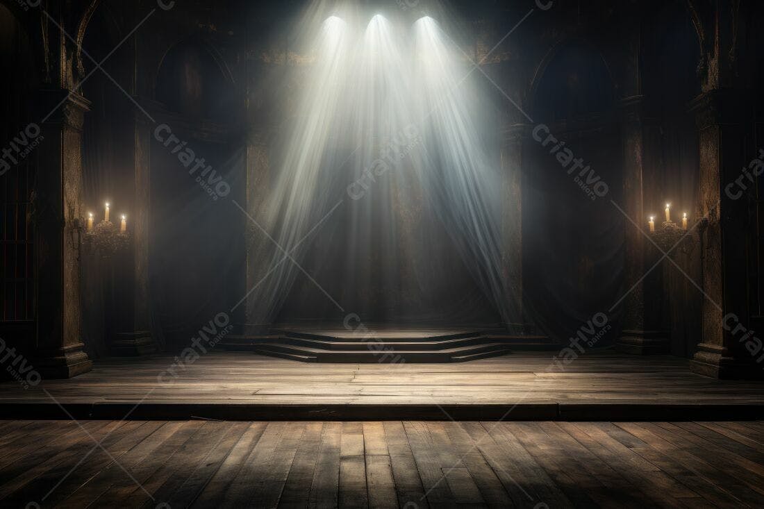 Palco de madeira em ambiente gótico com iluminação dramática