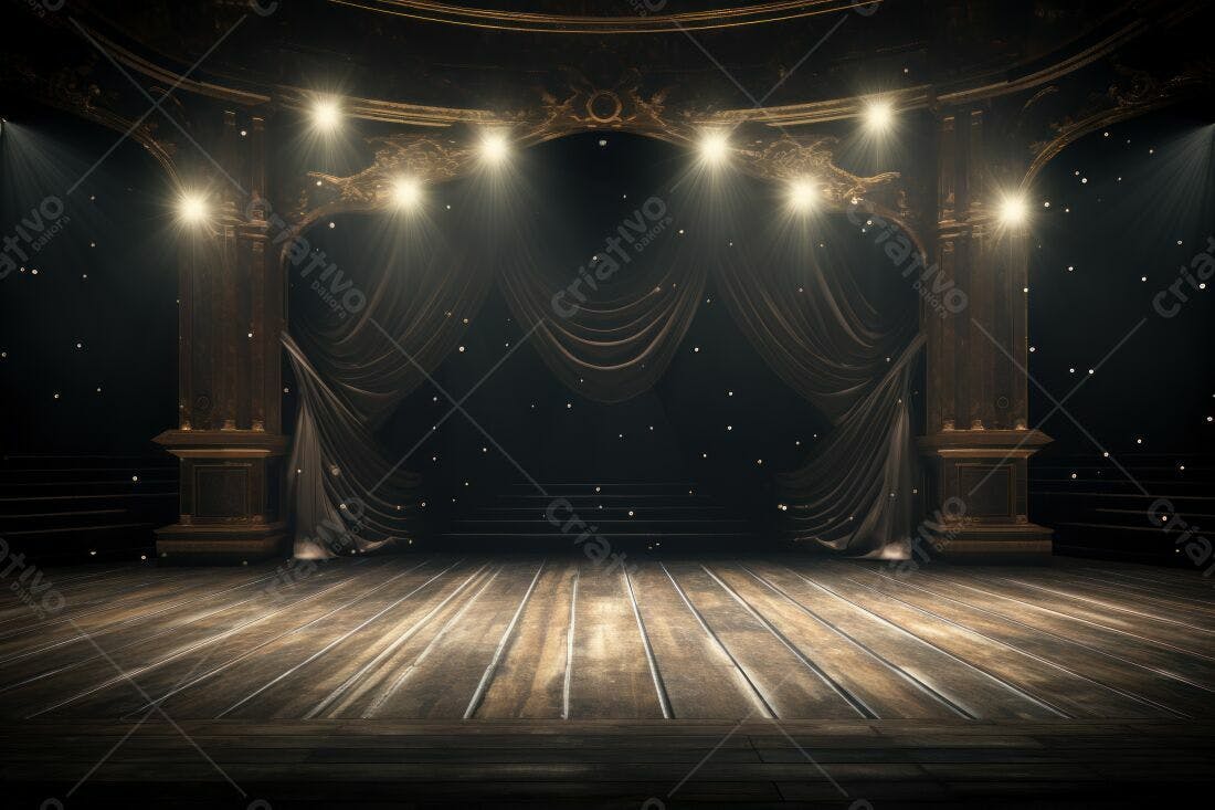 Palco de Teatro Escuro com Cortinas e Luzes