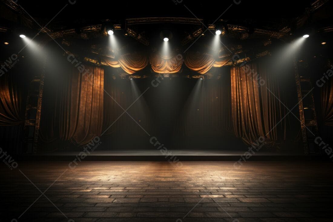 Palco iluminado com cortinas douradas