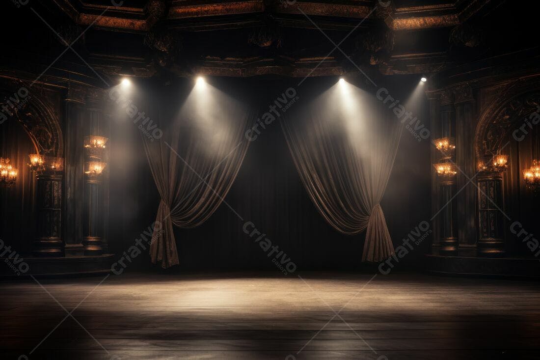 Palco teatral escuro com cortinas e iluminação