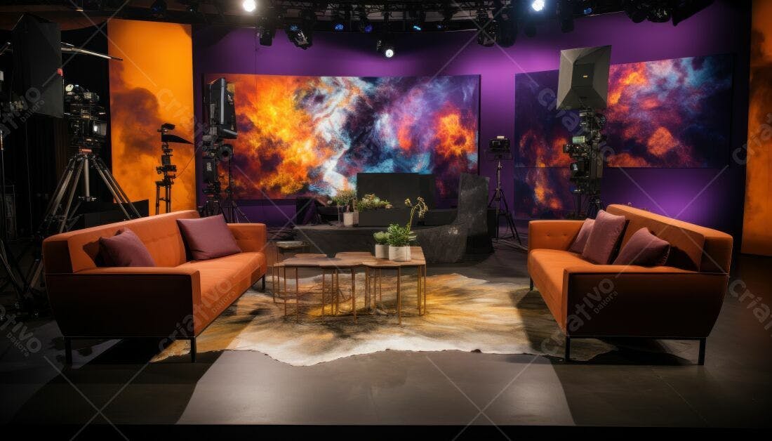 Estúdio de TV moderno com sofás laranja