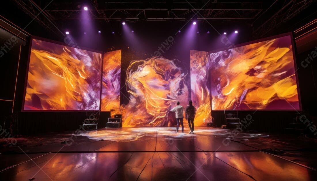 Artistas observando projeção abstrata em palco
