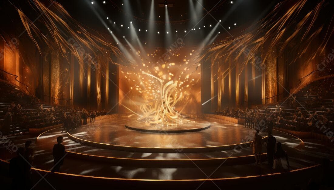 Palco dourado com escultura abstrata em evento