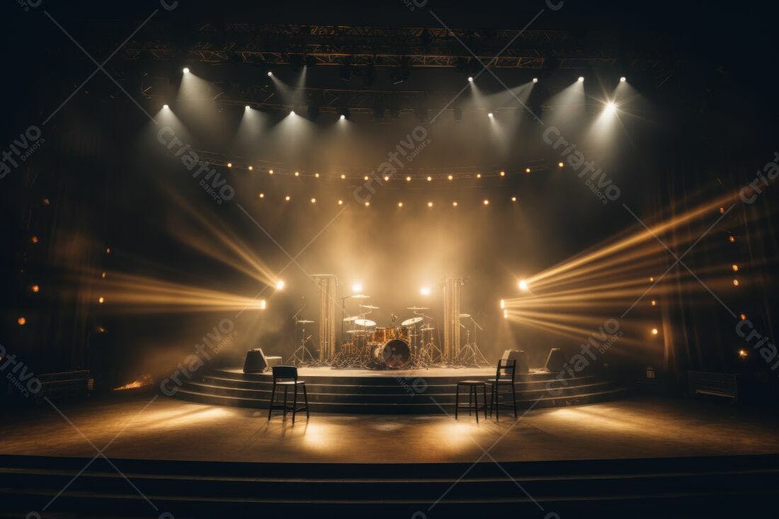 Palco iluminado com bateria e cadeiras
