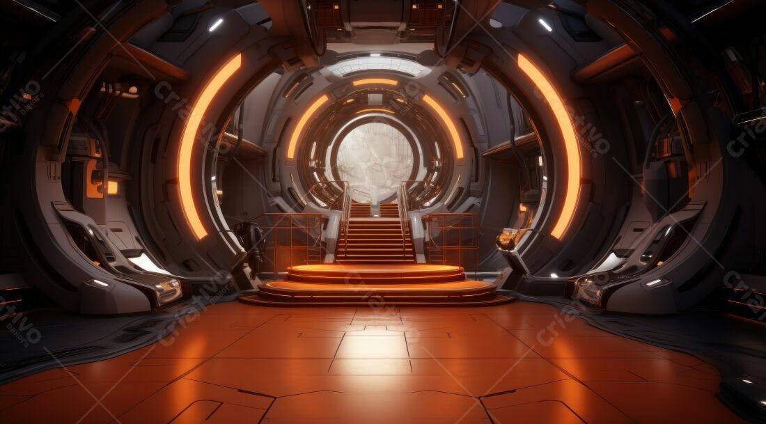 Interior futurista laranja e cinza nave espacial