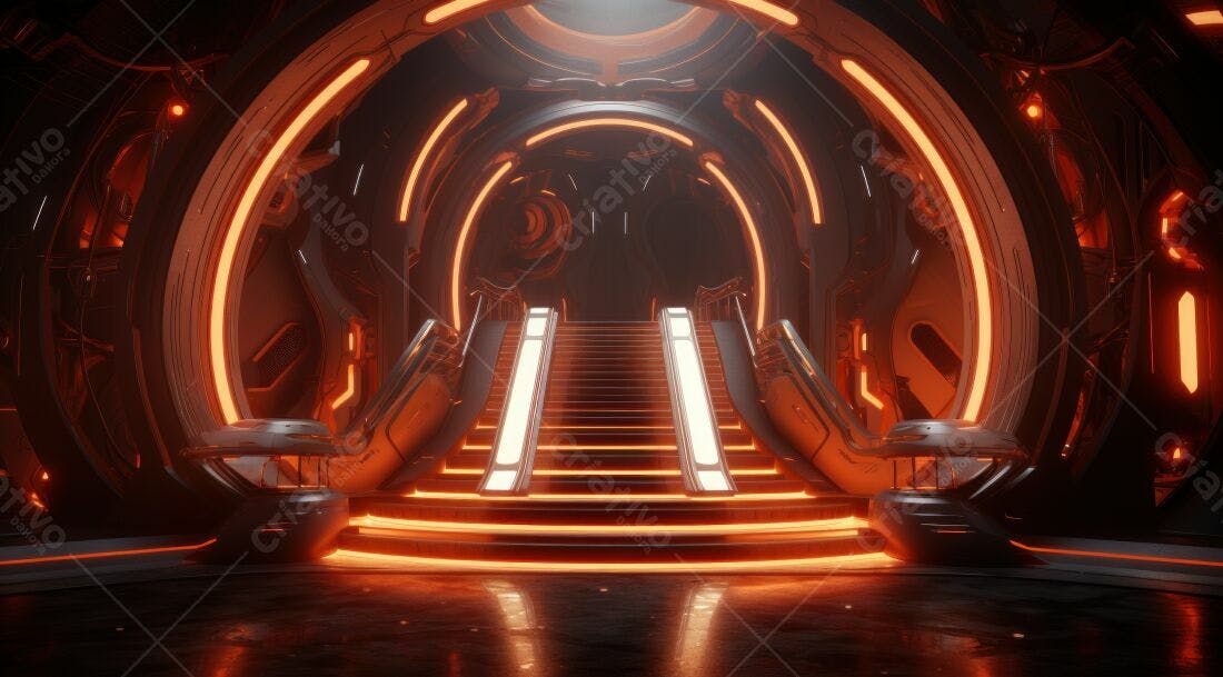 Escada futurista com iluminação laranja