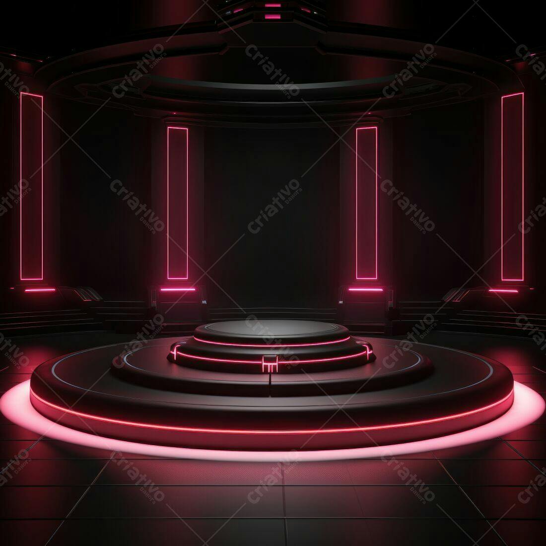 Palco futurista com iluminação rosa e preta