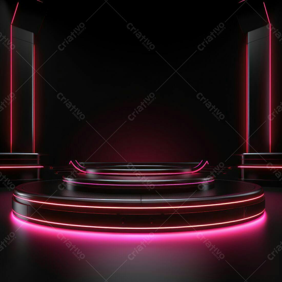 Palco circular com iluminação neon rosa