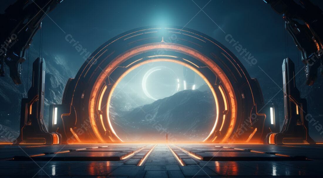 Portal futurista com paisagem noturna