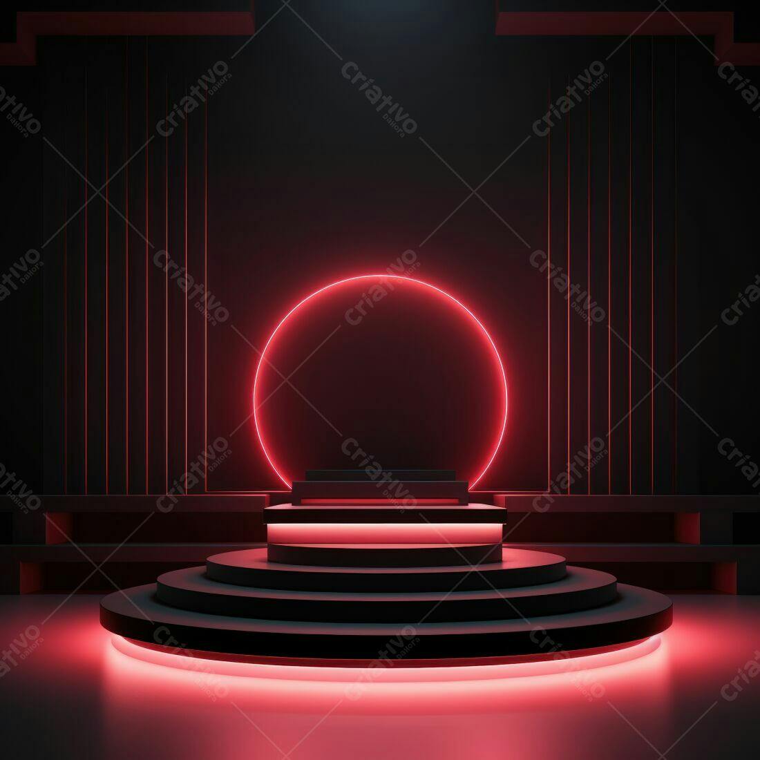 Palco circular com iluminação neon vermelha