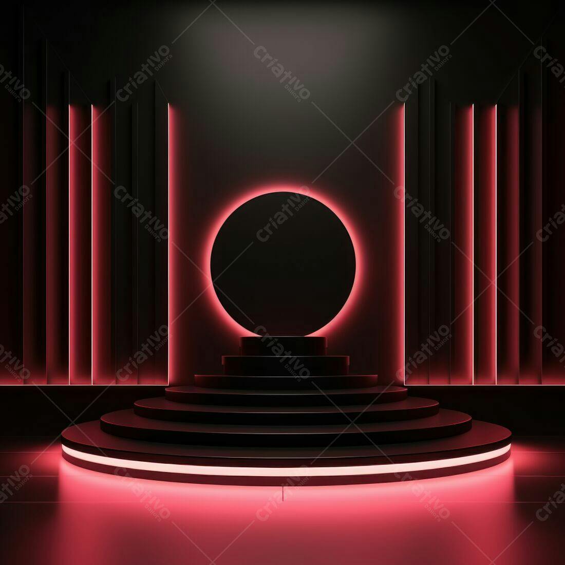 Palco circular com iluminação neon vermelha