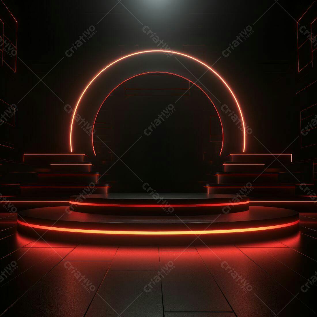 Palco circular com iluminação neon vermelha