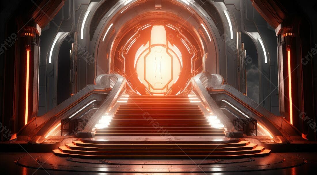 Escadaria futurista com iluminação laranja e branca