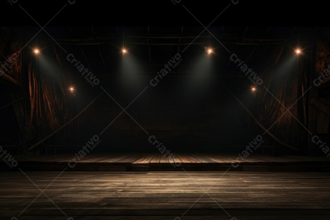 Palco de madeira iluminado com cortinas escuras