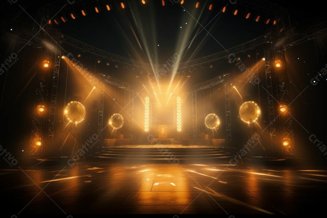 Palco iluminado com luzes douradas e discotecas