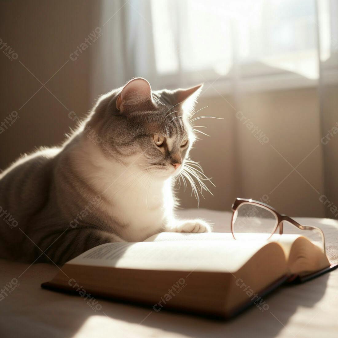 Gato cinza lendo livro ao sol da manhã