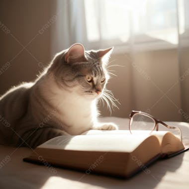 Foto de um lindo gato de oculos lendo um livro