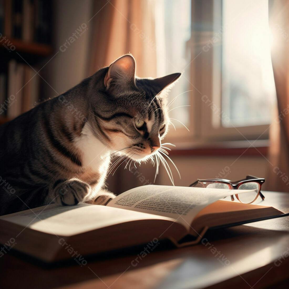 Gato lendo livro na luz do sol