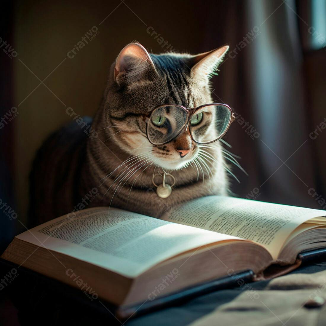 Gato lendo livro com óculos