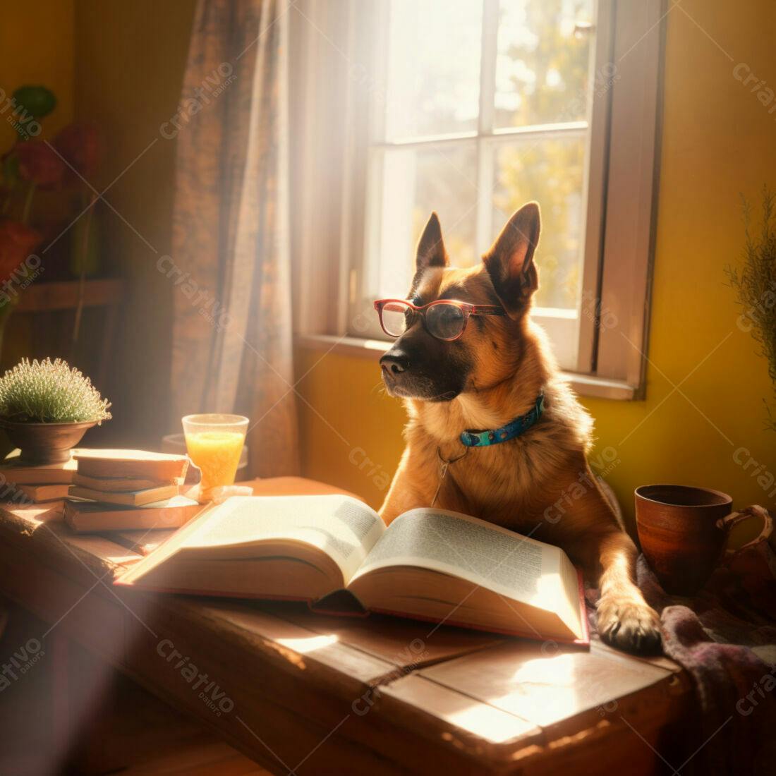 Pastor Alemão lendo livro com óculos