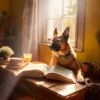 Image of a cute dog with glasses reading a book