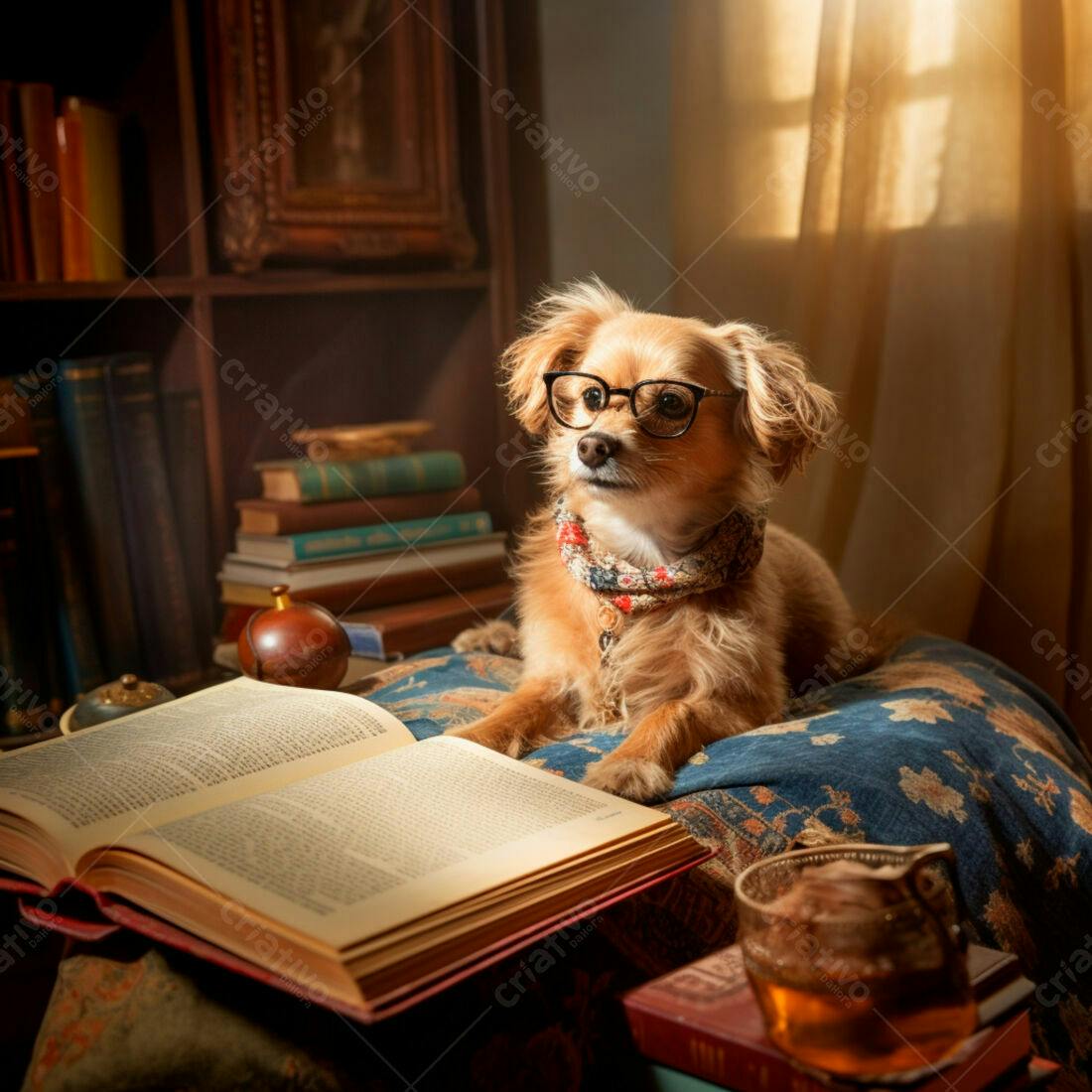 Cachorro lendo livro em biblioteca aconchegante