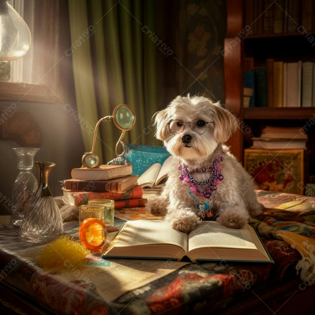 Cachorro Maltês lendo livro em biblioteca antiga
