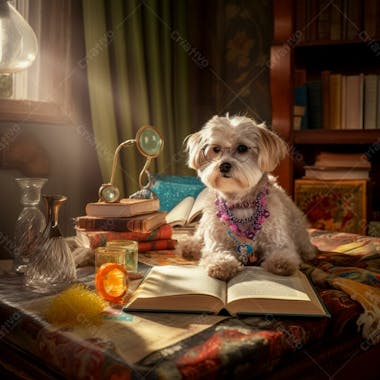 Image of a cute dog with glasses reading a book