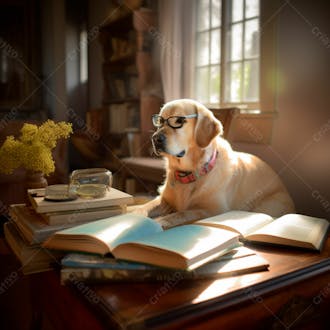 Image of a cute dog with glasses reading a book