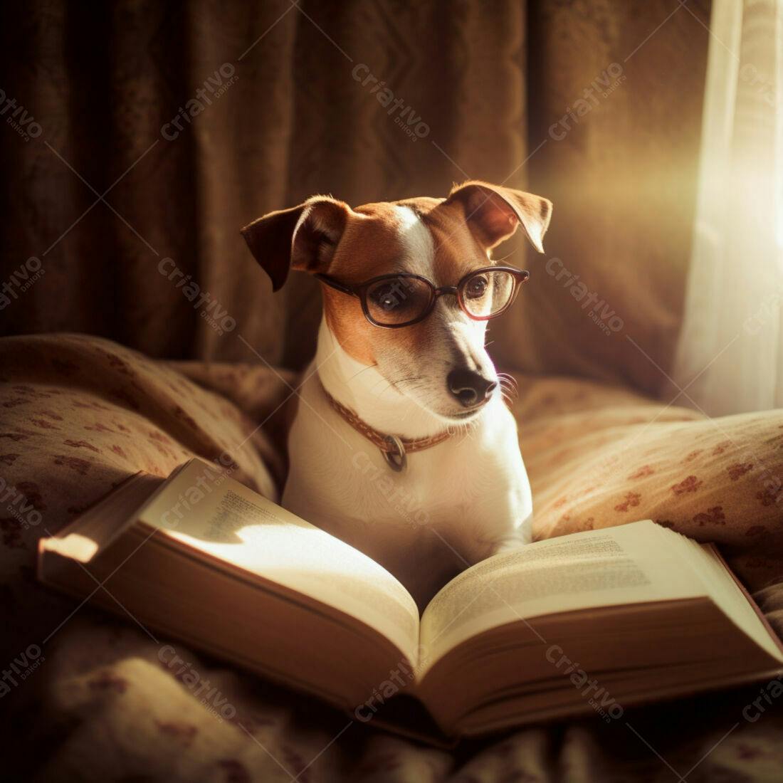 Cachorro com óculos lendo livro