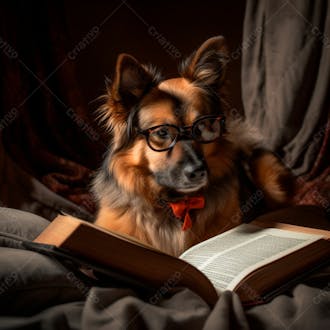 Foto de um lindo cachorro de oculos lendo um livro