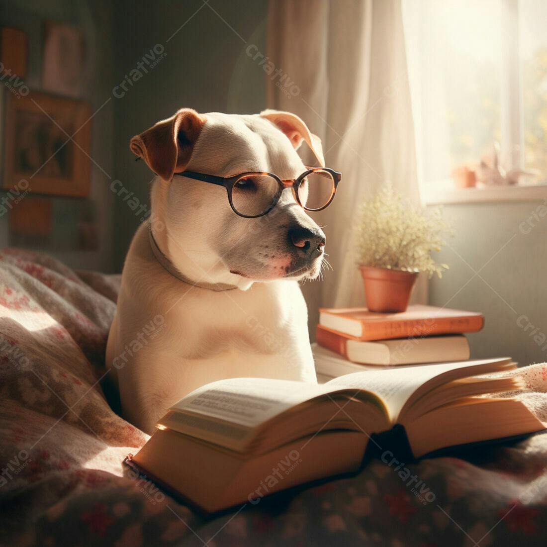 Cachorro lendo livro usando óculos
