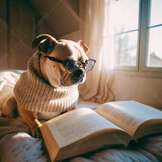 Foto de um lindo cachorro de oculos lendo um livro
