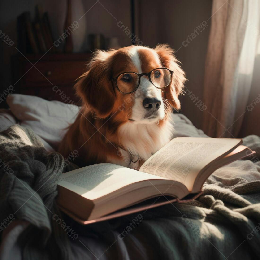 Cachorro com óculos lendo livro na cama